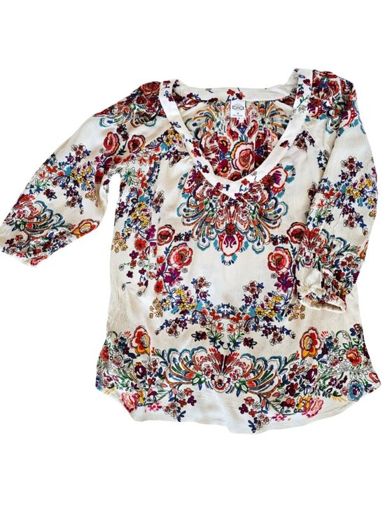 Bila Tops - Bila V-Neck 3/4 Sleeve Floral Bohemian Blouse, Cream/Multi, Size Small
